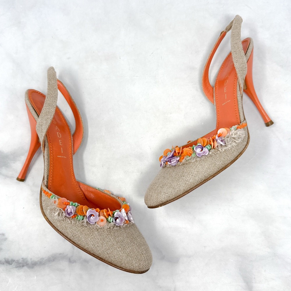 CASADEI Vintage Y2K Shell Beaded Burlap Canvas Leather Slingback Heels 2000s 8.5